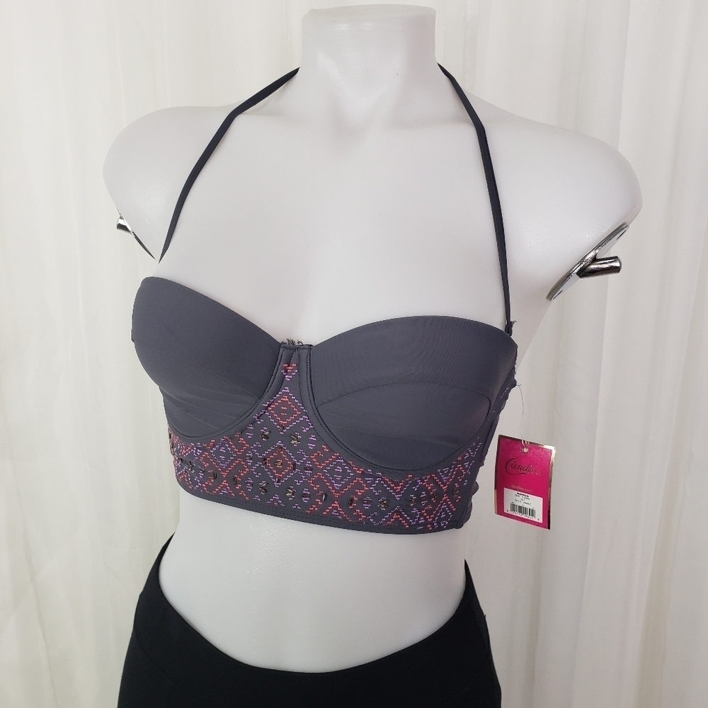 Candie's bikiki top gray embroidered beaded boho size XS